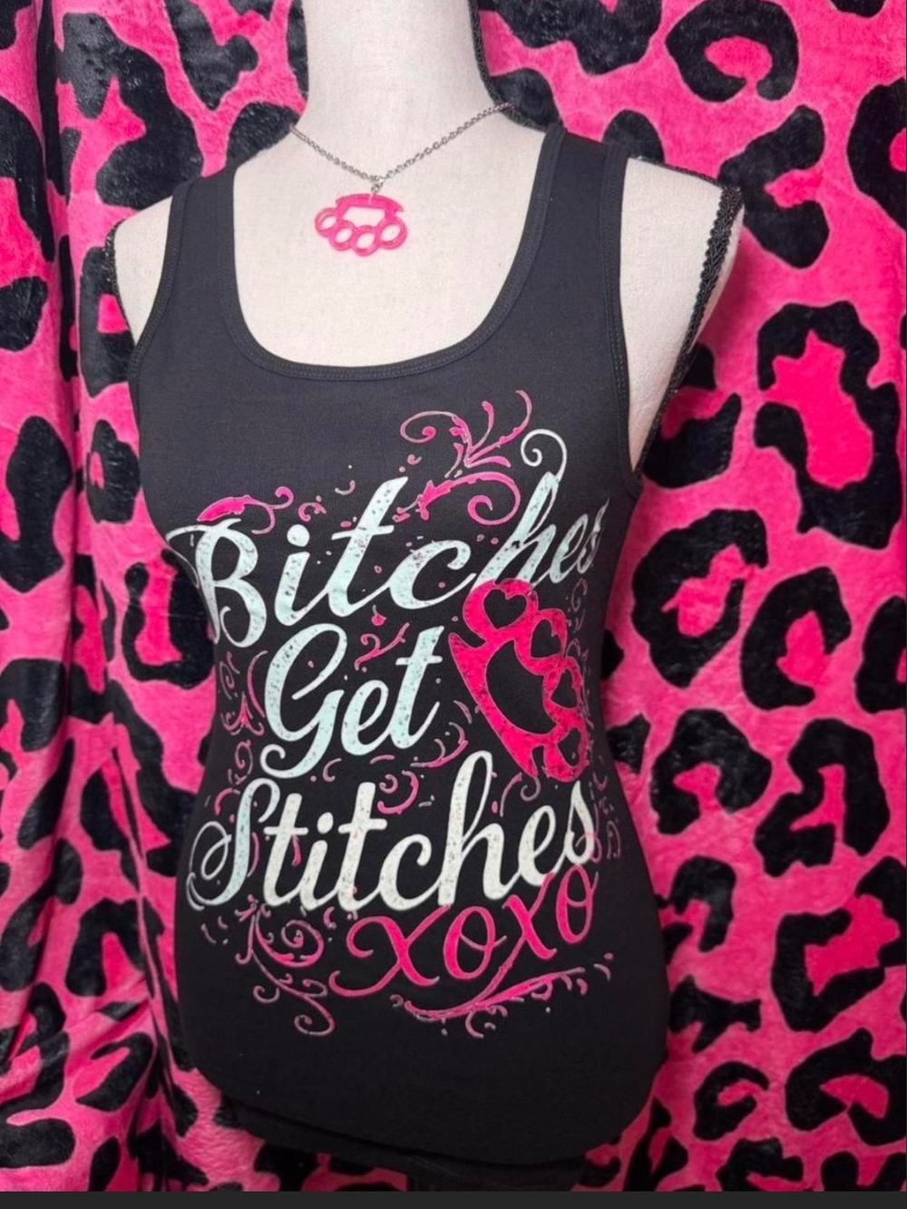 Black & Hot Pink Graphic Tank Top - Bitches Get Stitches